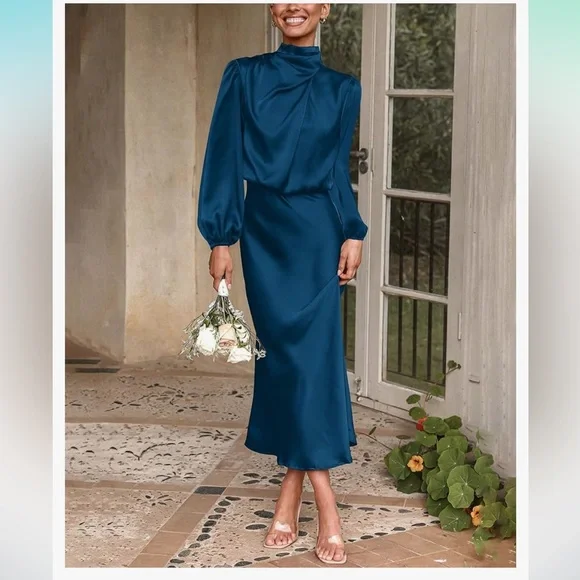 Satin Blouson Midi Dress - Picture 6 of 12